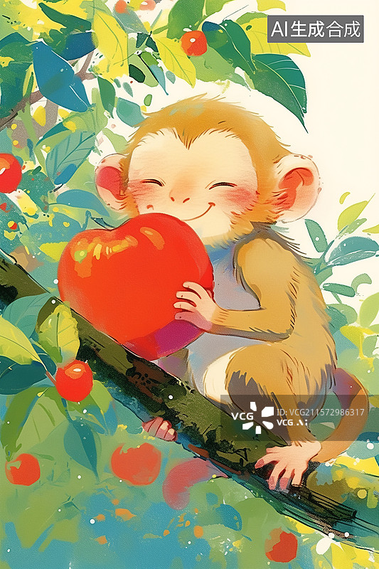 【AI数字艺术】小猴子坐在果树上抱着红苹果水彩插画图片素材