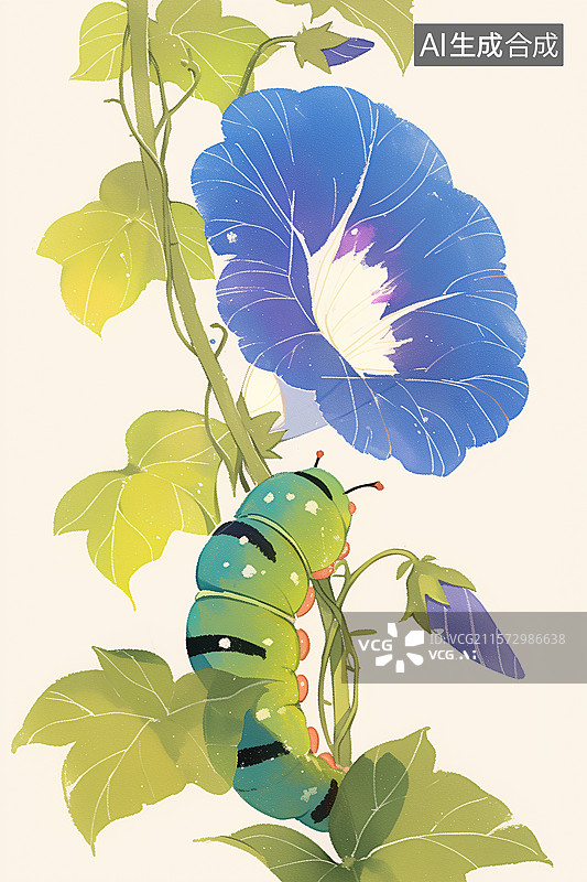 【AI数字艺术】可爱毛毛虫爬在喇叭花上儿童绘本插画图片素材