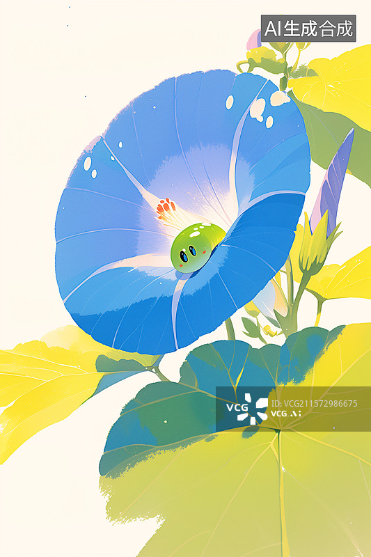 【AI数字艺术】可爱毛毛虫爬在喇叭花上儿童绘本插画图片素材