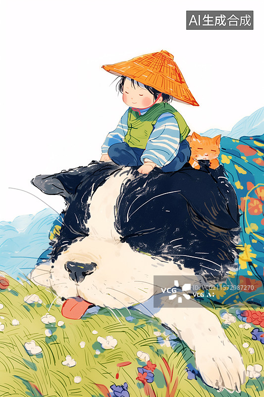 【AI数字艺术】花草丛中可爱小孩和小猫趴在大狗身上玩耍绘本插画图片素材