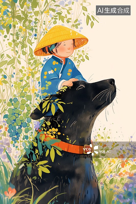 【AI数字艺术】草丛中可爱小孩趴在大狗身上玩耍绘本插画图片素材