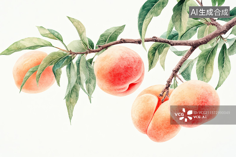 【AI数字艺术】桃枝上红彤彤成熟的桃子图片素材