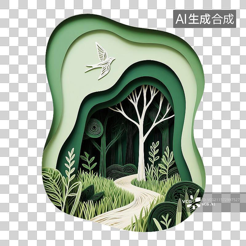 【AI数字艺术】夏天纸雕立体剪纸大暑梦幻森林卡片背景图片素材