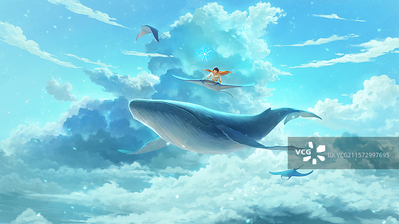 唯美治愈清新的少年与鲸鱼图片素材