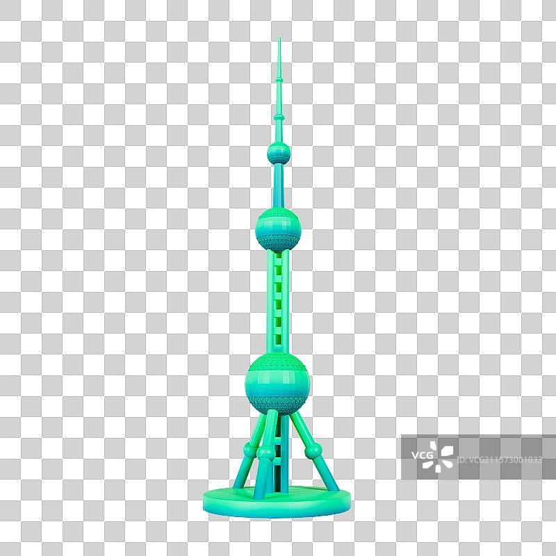 3D立体绿色上海东方明珠城市地标建筑元素图片素材