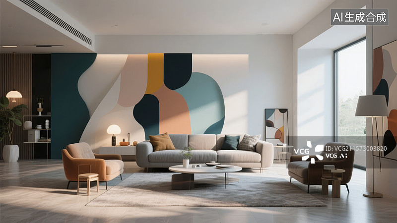 【AI数字艺术】现代客厅设计，色彩斑斓的墙面装饰图片素材
