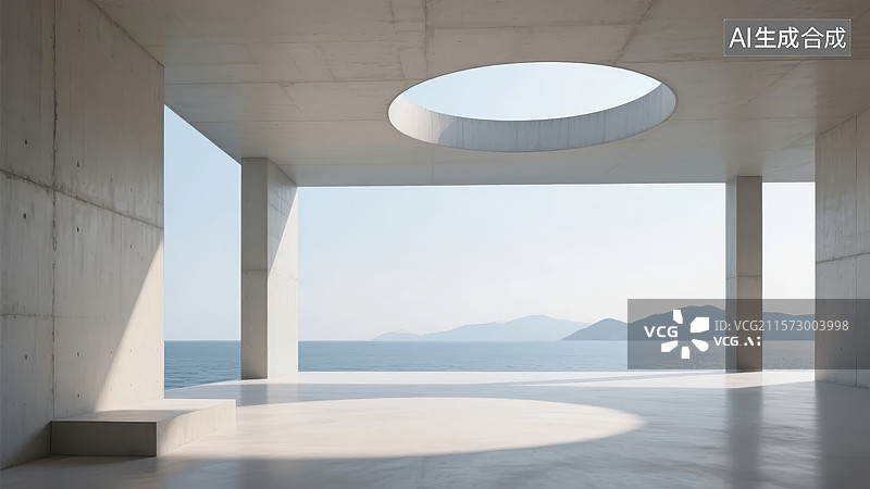 【AI数字艺术】现代建筑圆形天窗与海景图片素材