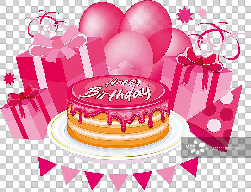 生日派对，粉色蛋糕、礼物和气球图片素材