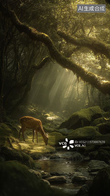 【AI数字艺术】森林溪流旁的鹿图片素材