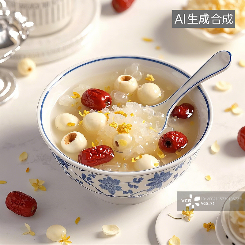 【AI数字艺术】一碗银耳莲子羹，银耳，夏天养生甜品，特写，中国传统美食图片素材
