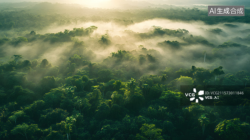 【AI数字艺术】云雾缭绕的热带雨林航拍图片素材