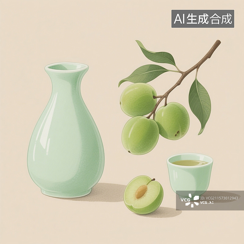 【AI数字艺术】国风手绘插画，青梅酒，梅子酒，米酒，酒壶，酒坛子，酒杯，传统文化，酒文化图片素材