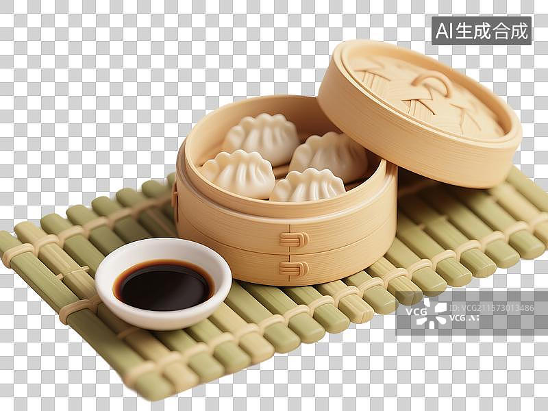 【AI数字艺术】3D渲染，蘸水，陈醋蘸料，广式早茶茶点虾饺皇，虾饺，蒸饺，蒸笼里的饺子，免抠元素图片素材