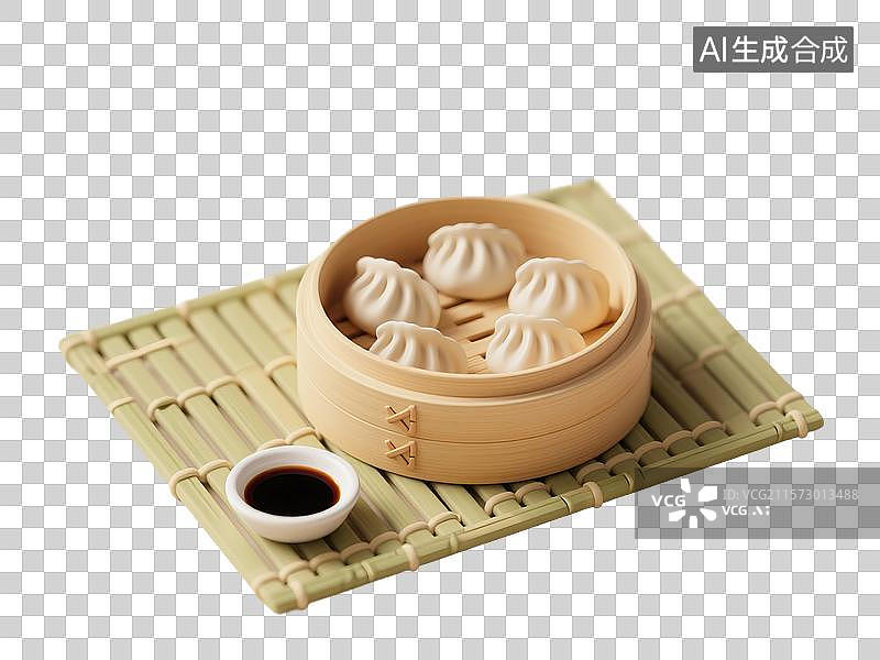 【AI数字艺术】3D渲染，蘸水，陈醋蘸料，广式早茶茶点虾饺皇，虾饺，蒸饺，蒸笼里的饺子，免抠元素图片素材