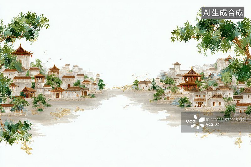 【AI数字艺术】中式建筑与四季树木景观图片素材
