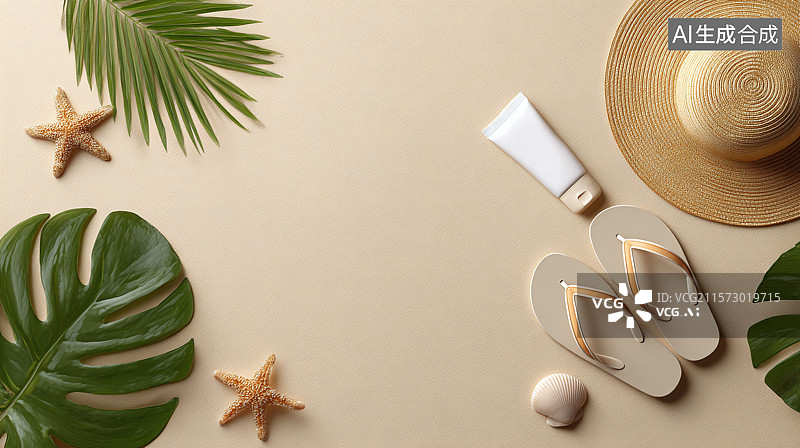 【AI数字艺术】空旷沙滩上海星贝壳与随身休闲物品的背景图图片素材