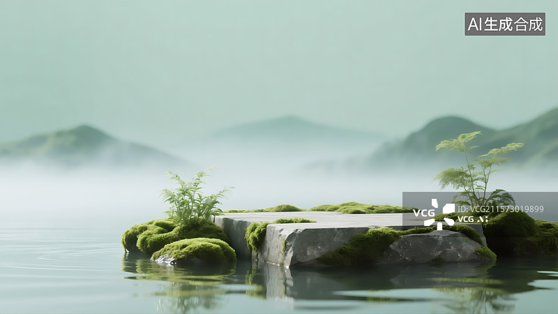 【AI数字艺术】水面上覆有苔藓的石头与绿植景观图片素材