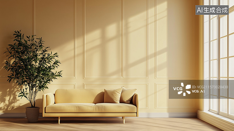 【AI数字艺术】淡雅极简空间：鹅黄沙发与桃色墙板的静谧美学图片素材