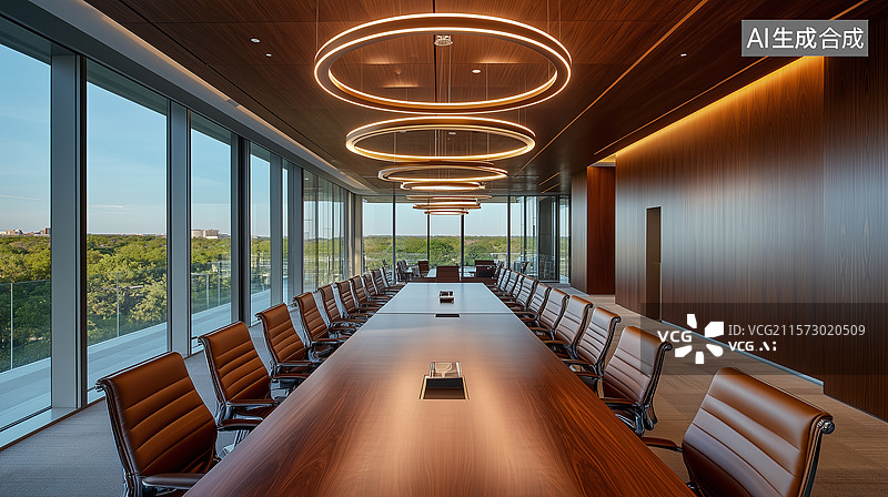 【AI数字艺术】现代高管会议室：胡桃木桌与奢华内饰的温馨空间图片素材