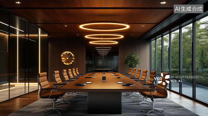 【AI数字艺术】现代高管会议室：胡桃木桌与奢华内饰的温馨空间图片素材