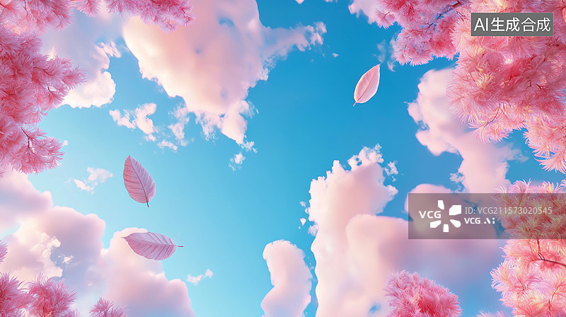 【AI数字艺术】3D春天樱花天空云朵贺卡清晨柔和色浪漫清新唯美梦幻宁静温暖阳光插画中间留白时尚装饰背景图片素材