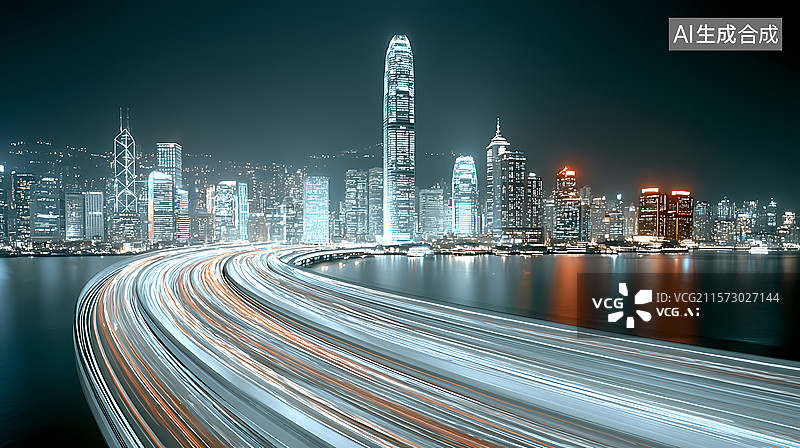 【AI数字艺术】夜景城市道路与高楼图片素材