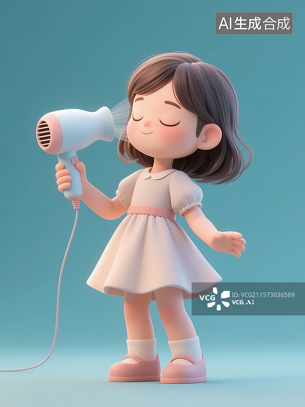 【AI数字艺术】小女孩享受用吹风机吹头发3D立体卡通人物插画图片素材
