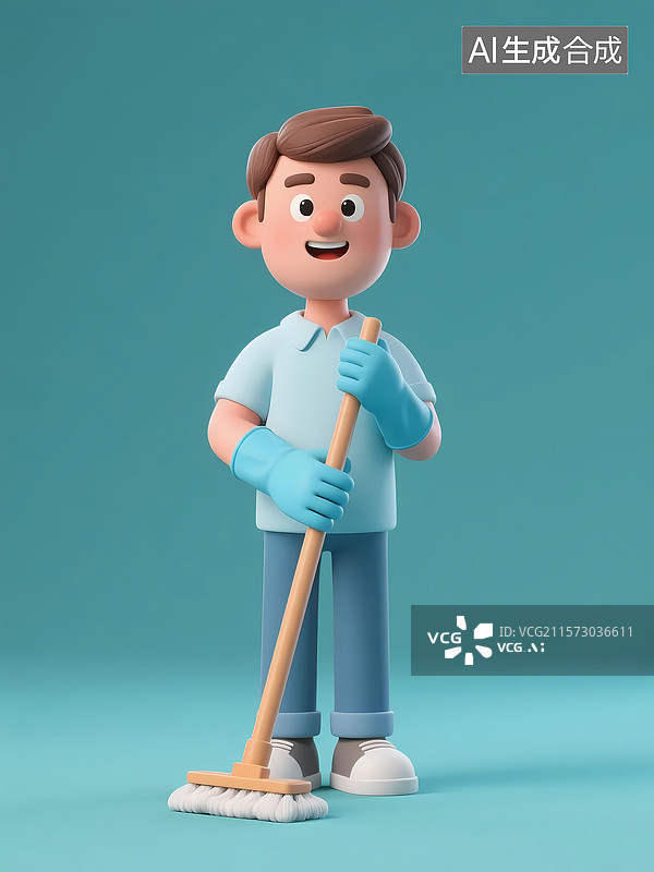 【AI数字艺术】男人用拖把清理地面3D立体卡通人物插画图片素材