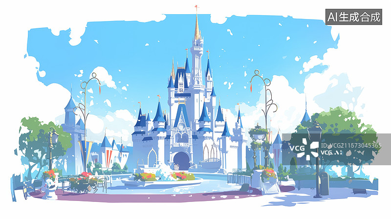 【AI数字艺术】童话城堡与喷泉景观图片素材