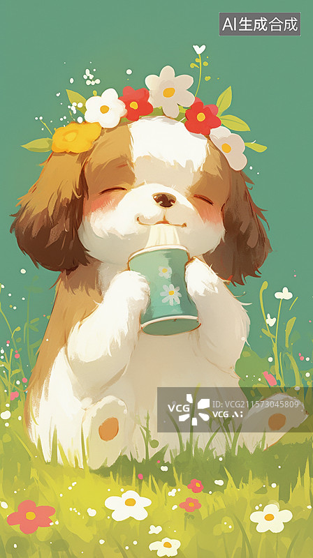 【AI数字艺术】小狗戴着花环喝咖啡图片素材