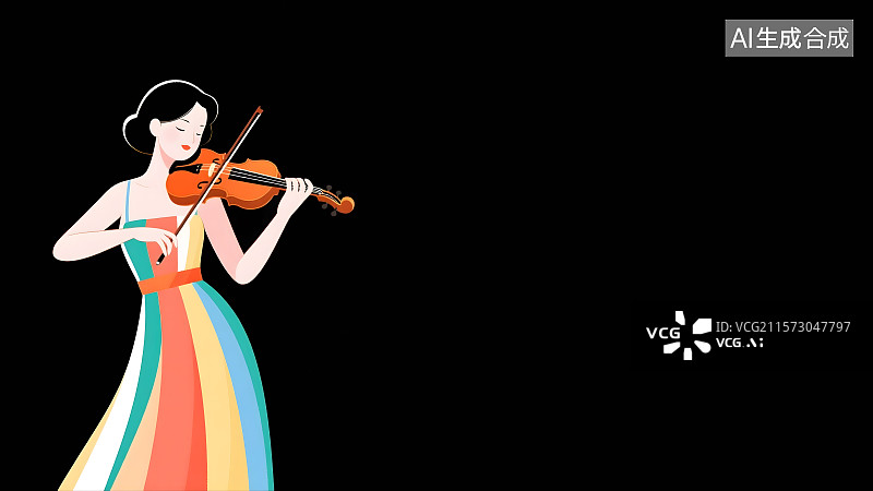 【AI数字艺术】拉小提琴的女人2D卡通背景居左图片素材