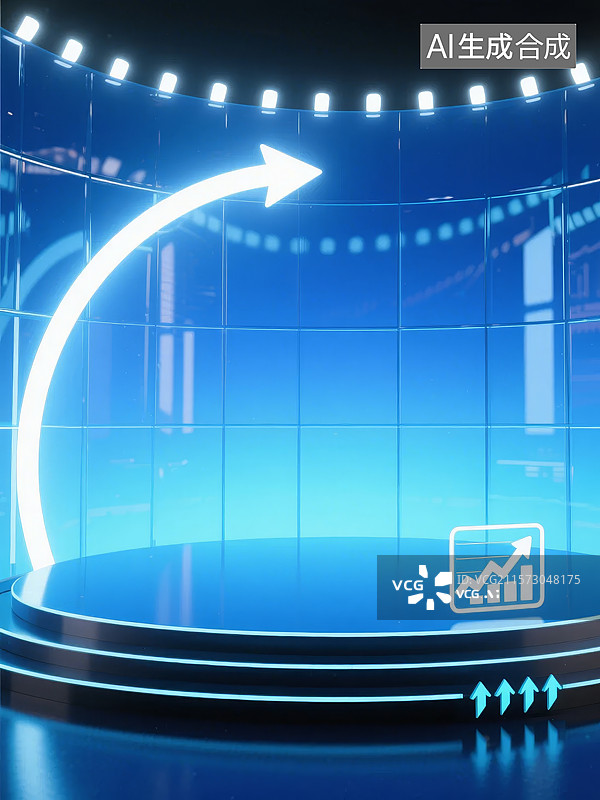 【AI数字艺术】蓝色科技舞台与上升箭头图片素材