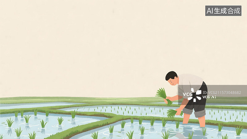 【AI数字艺术】插秧的农民2D卡通背景图片素材