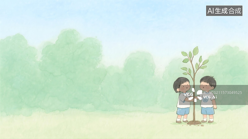 【AI数字艺术】种树的小孩2D卡通背景居右图片素材