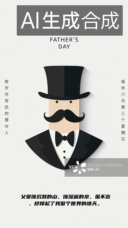【AI数字艺术】父亲节白色背景下的小胡子父亲形象海报图片素材