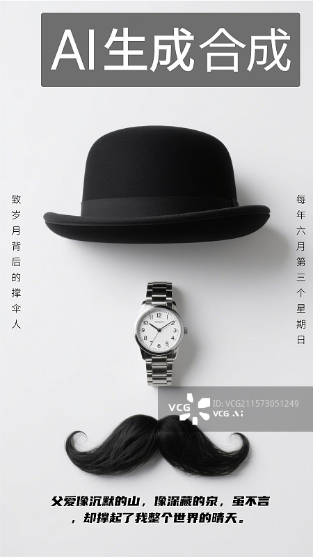 【AI数字艺术】父亲节白色背景下的小胡子父亲形象海报图片素材