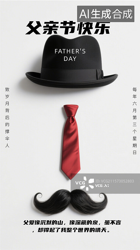 【AI数字艺术】父亲节白色背景下的小胡子父亲形象海报图片素材