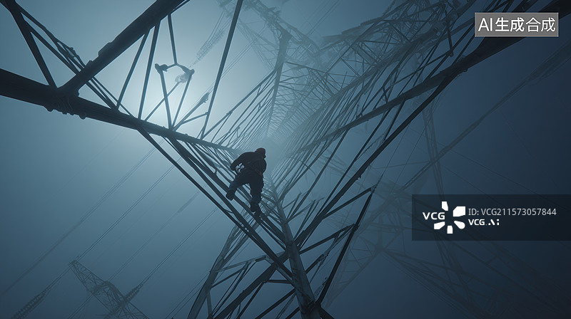 【AI数字艺术】电力塔架上的工人剪影图片素材