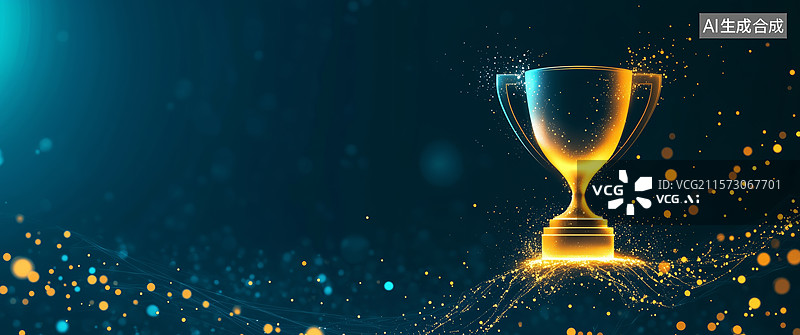 【AI数字艺术】闪耀奖杯与金色光点背景图片素材