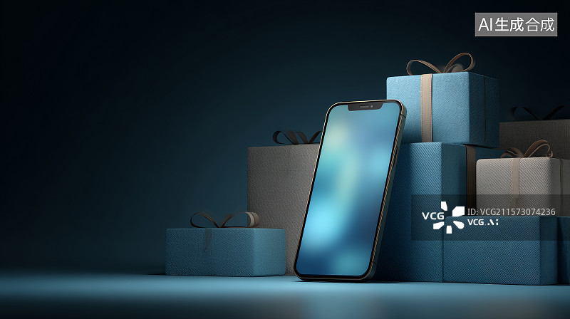 【AI数字艺术】手机放置于蓝色礼盒堆叠之上图片素材