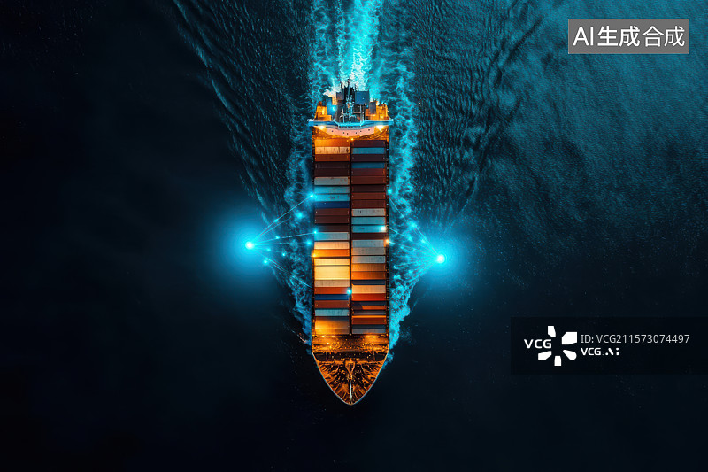 【AI数字艺术】夜航集装箱货轮与蓝色光效海景图片素材