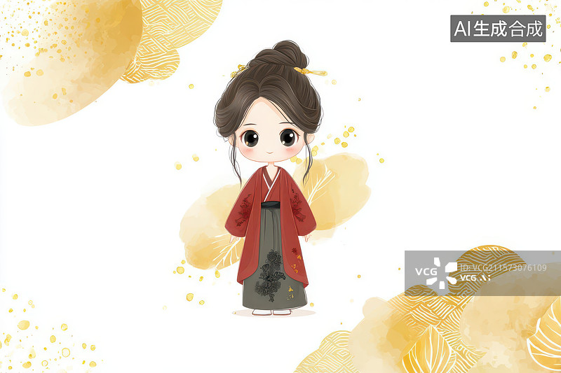 【AI数字艺术】红衣汉服丸子头古风卡通少女插画图片素材