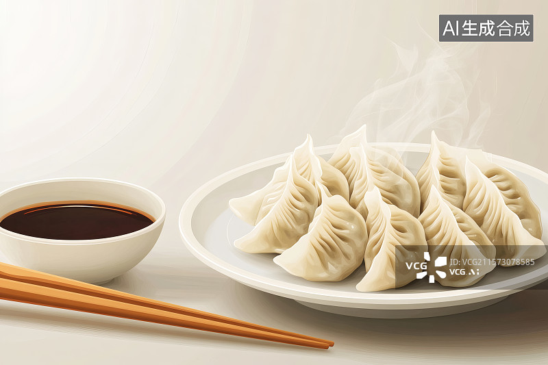 【AI数字艺术】热气腾腾的饺子，放着一叠醋图片素材