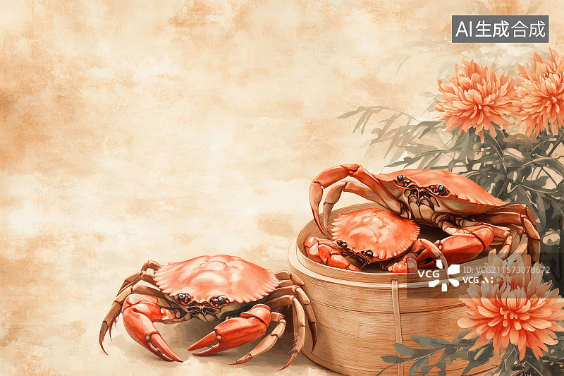 【AI数字艺术】美味成熟的大闸蟹，菊花，重阳节背景图图片素材