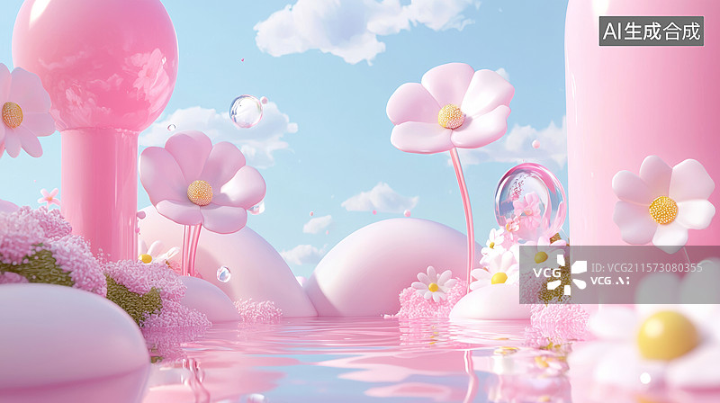 【AI数字艺术】3D花朵植物玻璃湖泊水面天空清透高级感水晶光泽春天粉色柔和梦幻清新浪漫唯美人造空间时尚科技背景图片素材