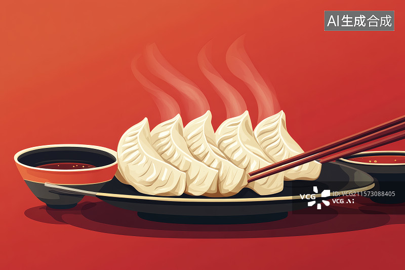 【AI数字艺术】红色背景，筷子夹着冒着热气的煎饺图片素材