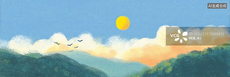 【AI数字艺术】二十四节气宁静的山间日落景色创意抽象商业背景手绘质感旅游海报、书籍插图和治愈系设计自然主题图片素材