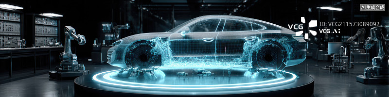 【AI数字艺术】未来新能源电动汽车生产高科技工厂中的全息投影先进机器人和工业4.0创新汽车制造可持续材料和数字蓝图图片素材