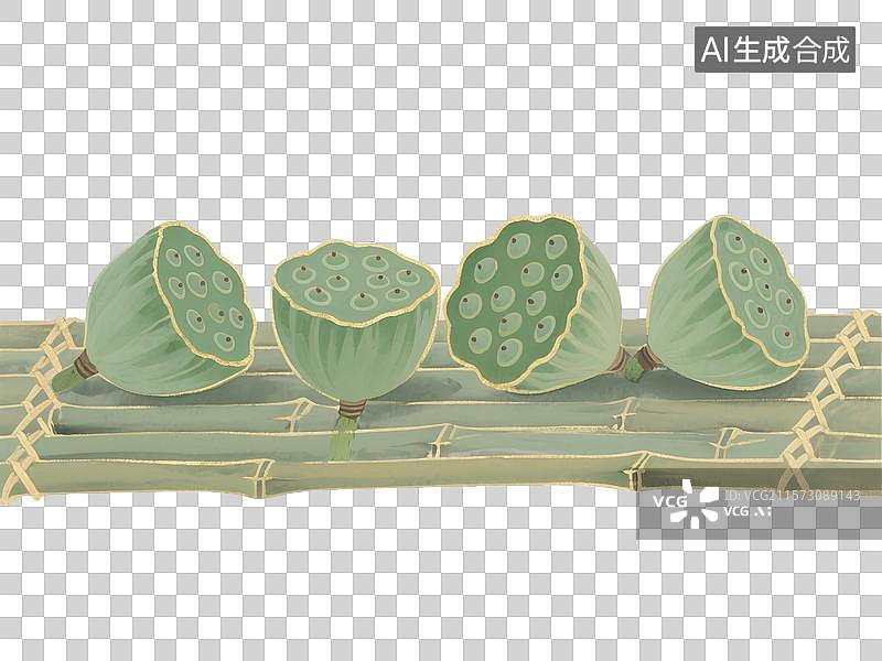 【AI数字艺术】金线描边水墨风竹排上的绿色莲蓬插画图片素材
