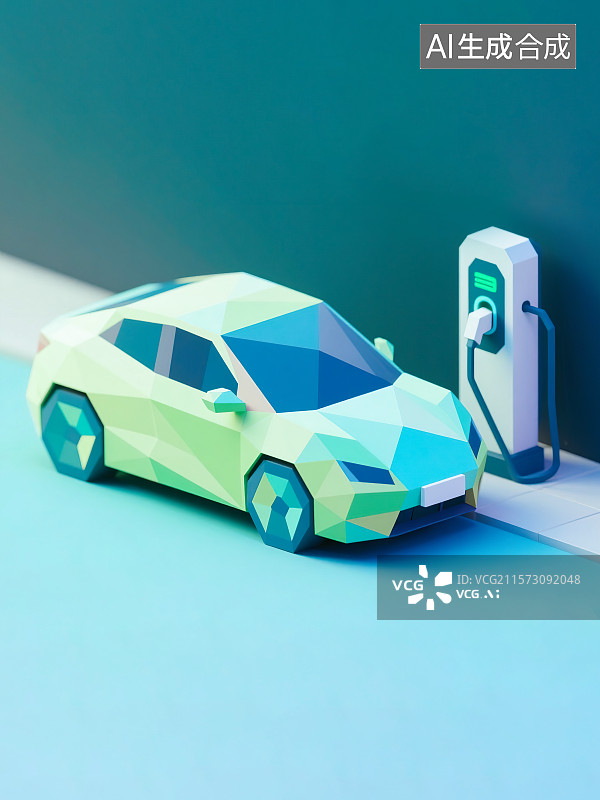 【AI数字艺术】新能源智能汽车电车电动汽车城市室内户外露天充电桩 代替能源绿色环保科技概念 立体折纸风格创意艺术插画图片素材